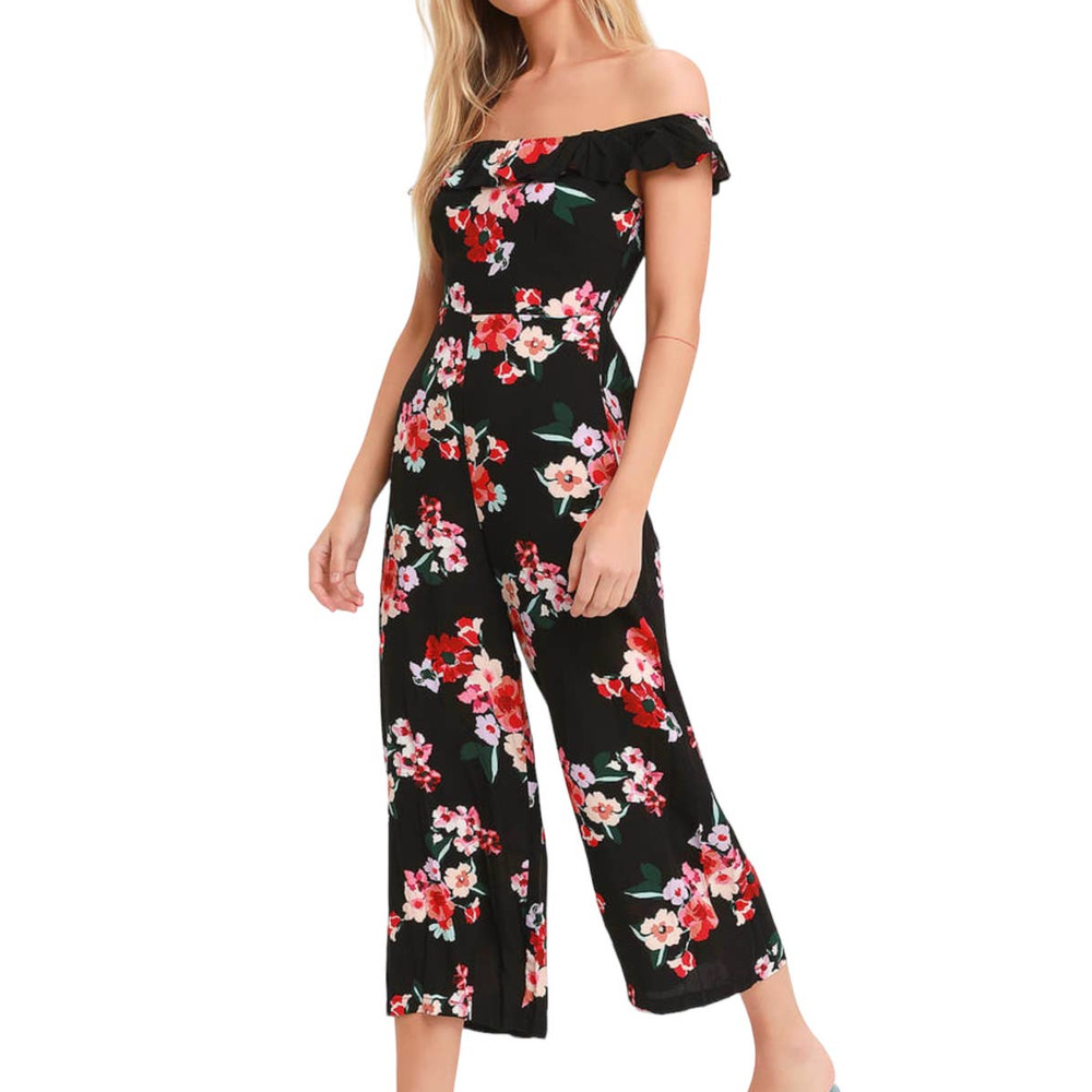 Lulu's Pretty Petals Black Floral Print wide leg Cullotte jumpsuit New Size M